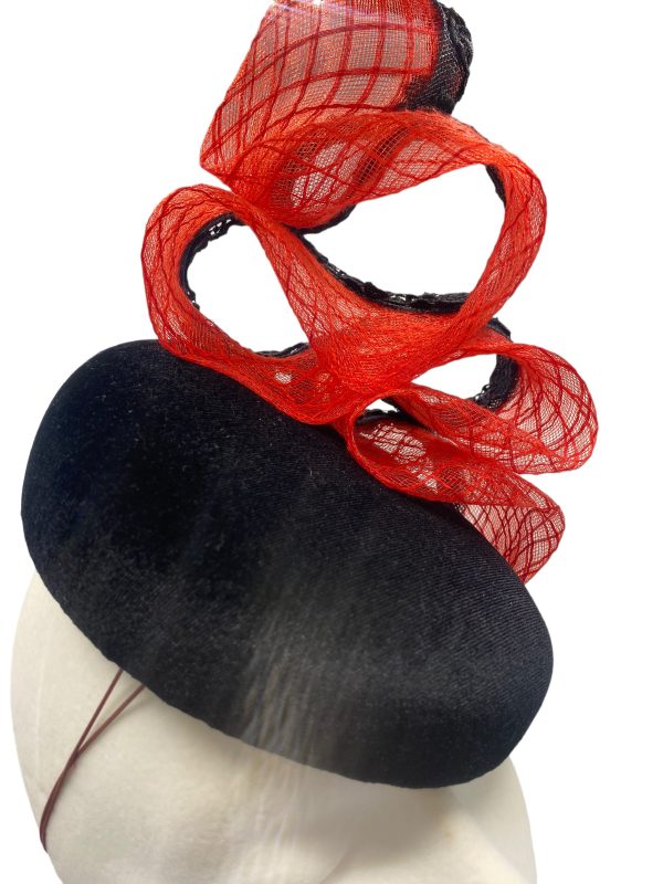Black beret base headpiece with stunning red crin and black trim detail.